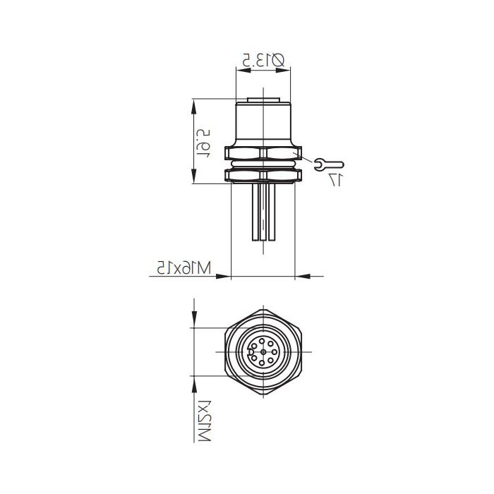 M12 8Pin、母头直型、法兰插座、板前安装、适用于PCB安装、64SB01P