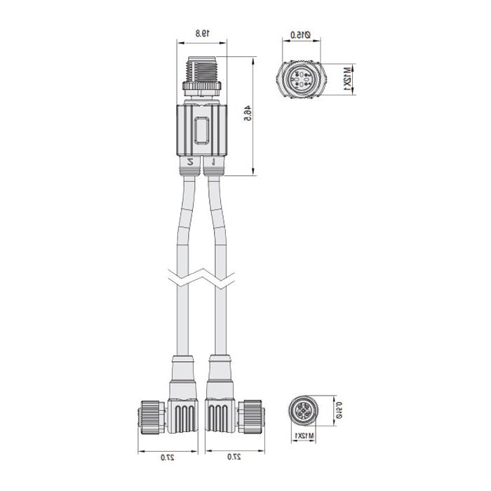 M12 4Pin公头/2M12 3Pin母头90°、IP 69K-ECOLAB、食品级、Y型预铸PVC非柔性电缆、灰色护套、64E443-XXX